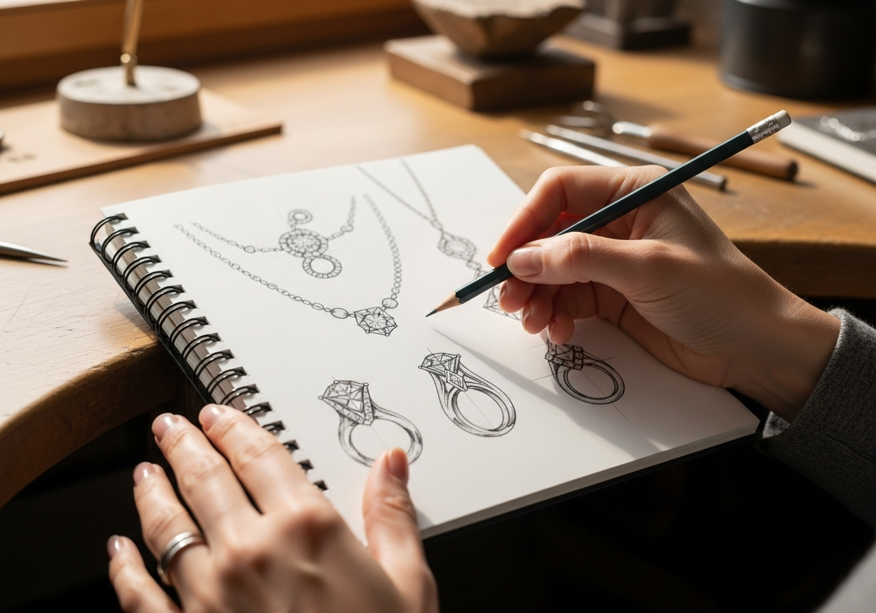 A person's hands over a drawing notebook, sketching jewelry pieces