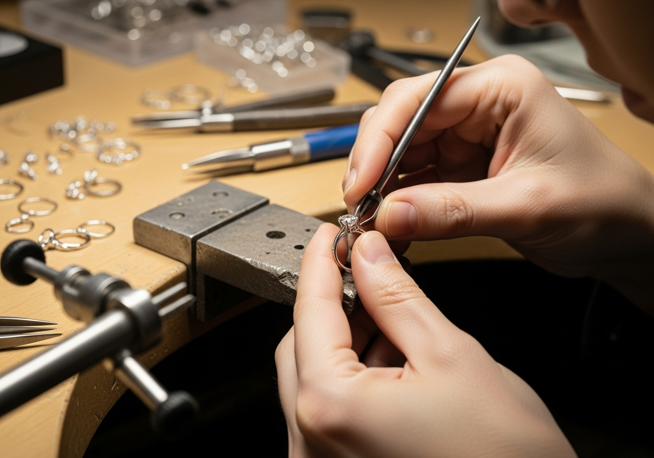 A person’s hands working on a diamond ring