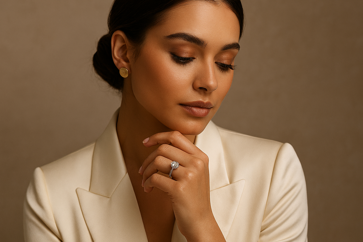 An elegant woman wearing a engagement ring